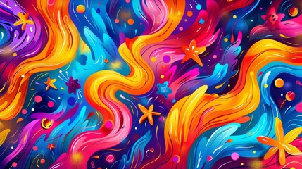 Vibrant abstract swirls and shapes background with floral and cosmic elements
