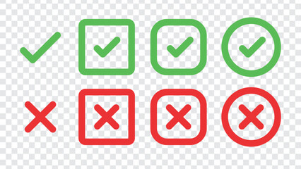 Green check marks and red X marks. Check marks indicate approval. X marks indicate rejection. Simple symbols for yes and no. Clear visual for correct and incorrect. Vector element set.