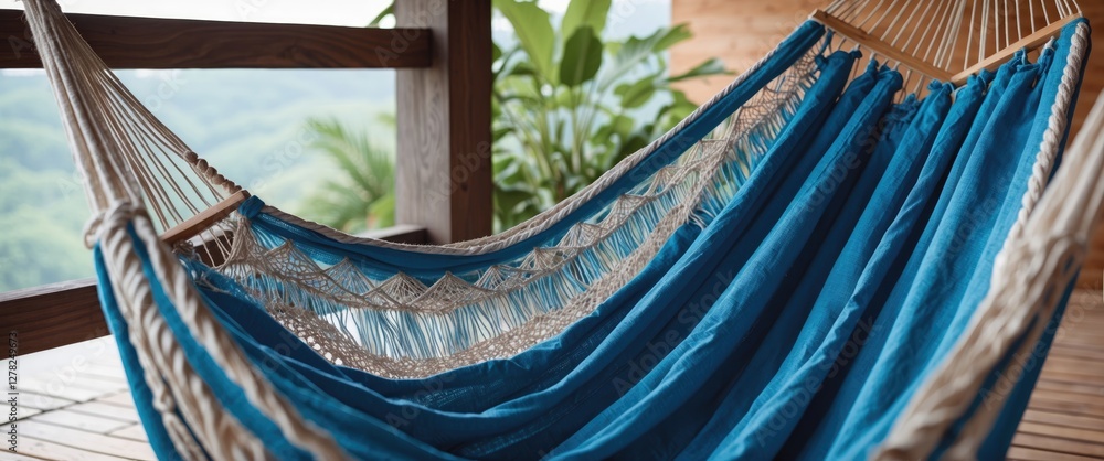 Aufkleber blue hammock close-up with decorative details and empty space for text ideal for relaxation and outd