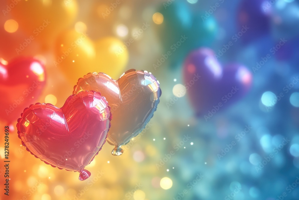 Poster heart shaped balloons floating amidst bokeh lights creating a romantic and festive atmosphere perfec