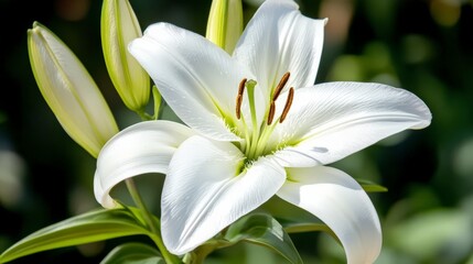 Fototapeta premium A breathtaking close-up of a pristine white lily, showcasing its delicate petals and intricate details. A stunning image of nature's beauty.