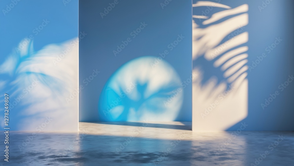 Poster abstract blue light background with shadow patterns on walls and cement floor ideal for minimalistic
