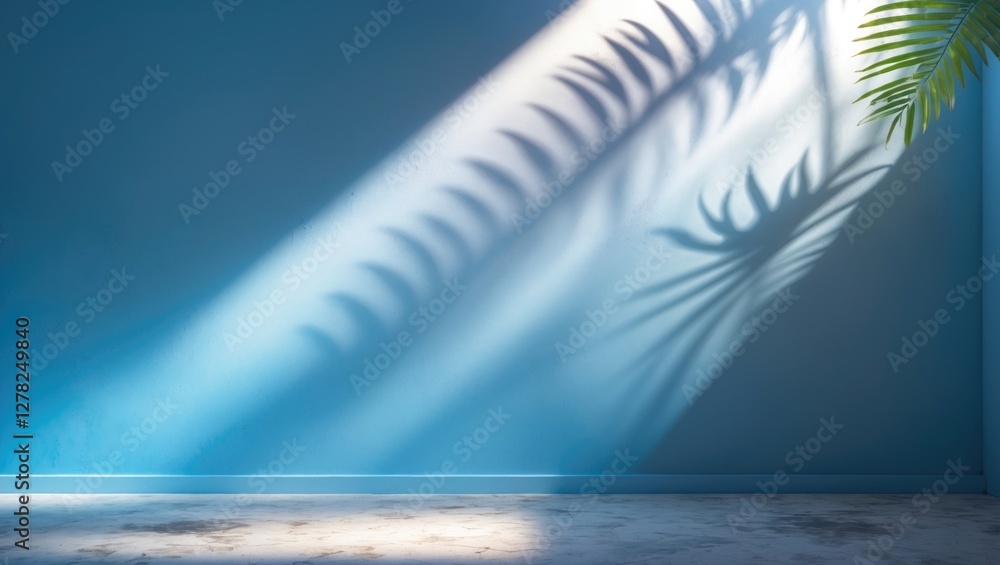 Poster blue light abstract background with summer sun shadows and leaf patterns on cement floor ideal for m