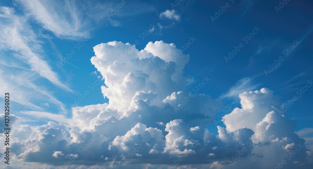 Poster serene blue sky with fluffy white clouds and ample space for text or graphics in a bright daylight s