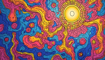 Abstract Colorful Swirl Art with Central Sun Design