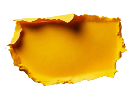 Torn yellow paper design element with rough, uneven edges creating an empty space for text, isolated on a white background; studio professional lighting, HD high-quality realistic imagery.

