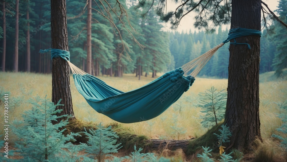 Poster relaxing blue-green hammock suspended between two spruce trees in a lush forest scene with ample cop