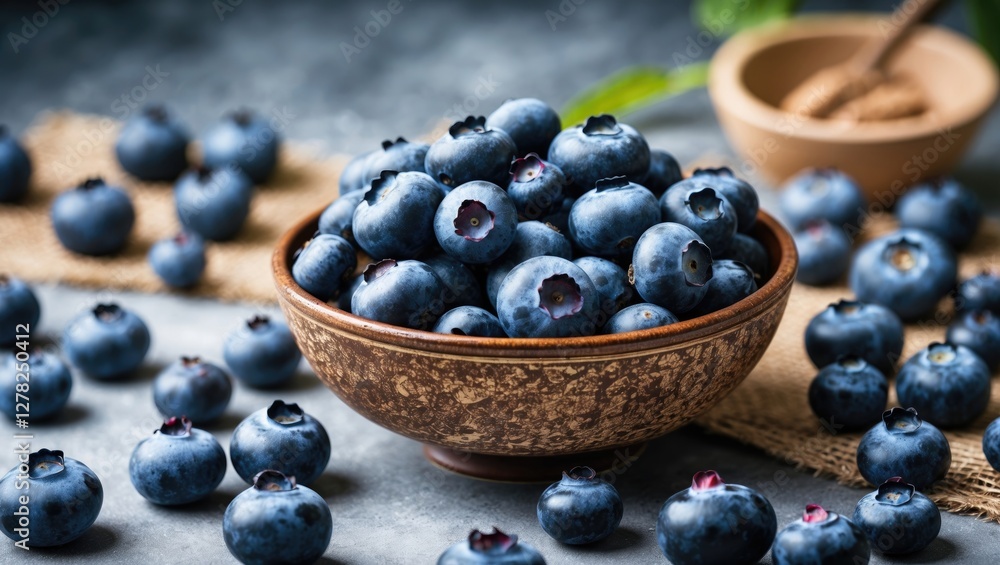 Poster fresh blueberries in a rustic bowl with a soft focus background and natural elements ideal for culin