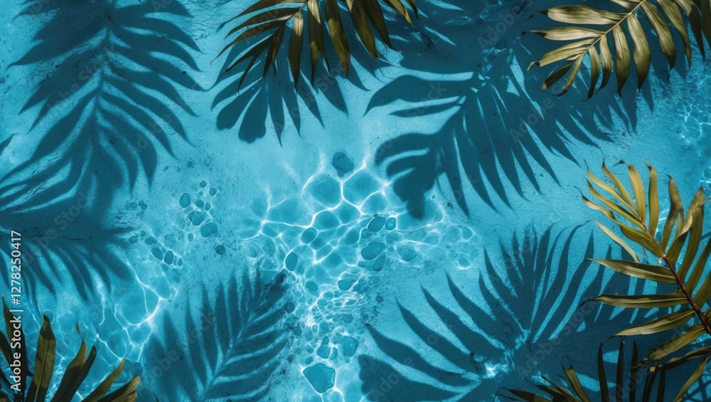Poster tropical leaves shadows on vibrant blue water texture creating a serene and relaxing background for 