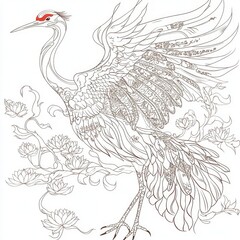 Ornate Crane with Lotus Flowers A Detailed Line Art Drawing