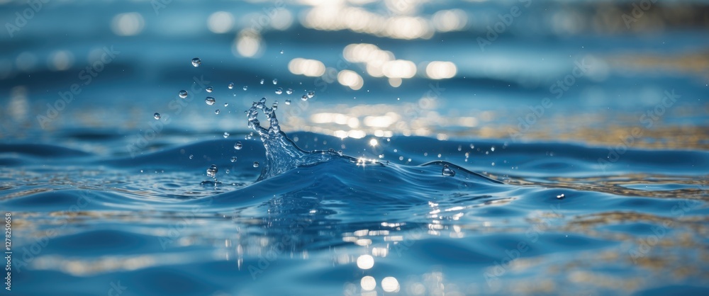 Poster elegant blue water surface with sunlight reflections and splashing droplets ideal for background des