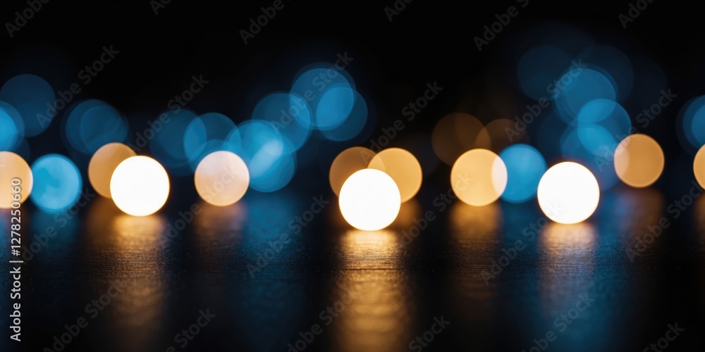 Poster bokeh lights against dark background with space for text or design elements featuring orange and blu