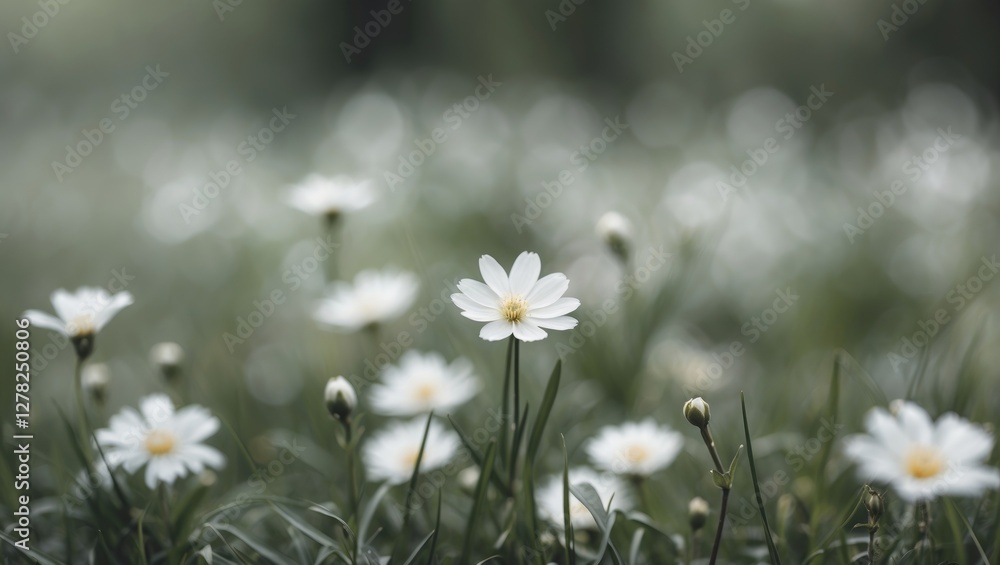 Poster wildflowers in a lush green field with a soft blur effect creating an elegant backdrop ideal for add