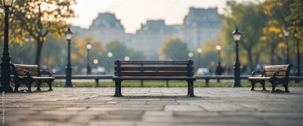 Poster serene park scene with blurred background and empty space for text on a calm day