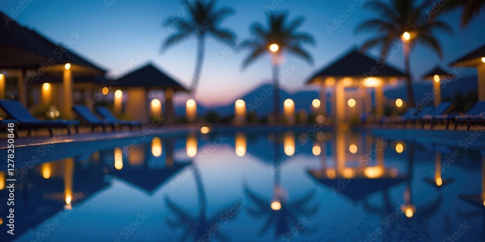 Poster tranquil twilight scene of swimming pool with light reflections surrounded by palm trees and resort 