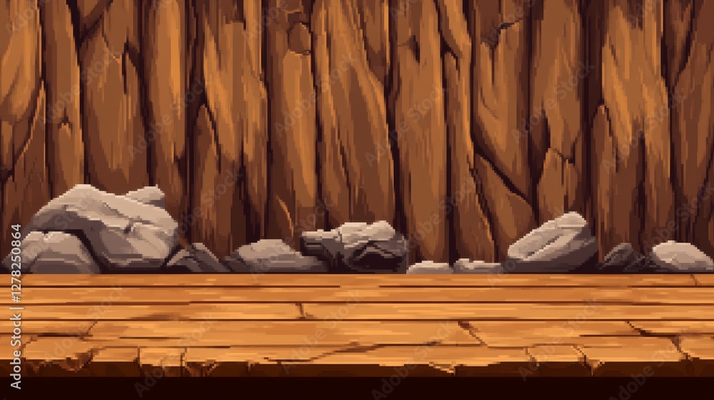Poster wooden background with stones on the floor, creating a rustic atmosphere for various uses
