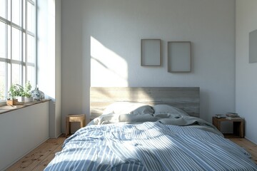 Sunlit Bedroom with Striped Bedding and Wooden Accents