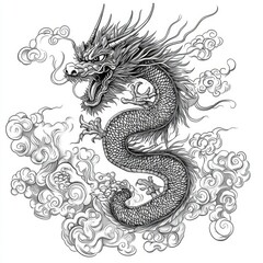 Majestic Asian Dragon in Clouds Detailed Ink Drawing