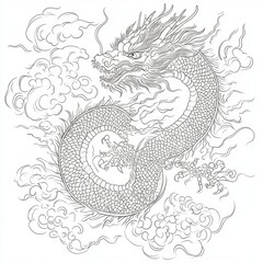 Majestic Asian Dragon in Clouds - Line Art Design