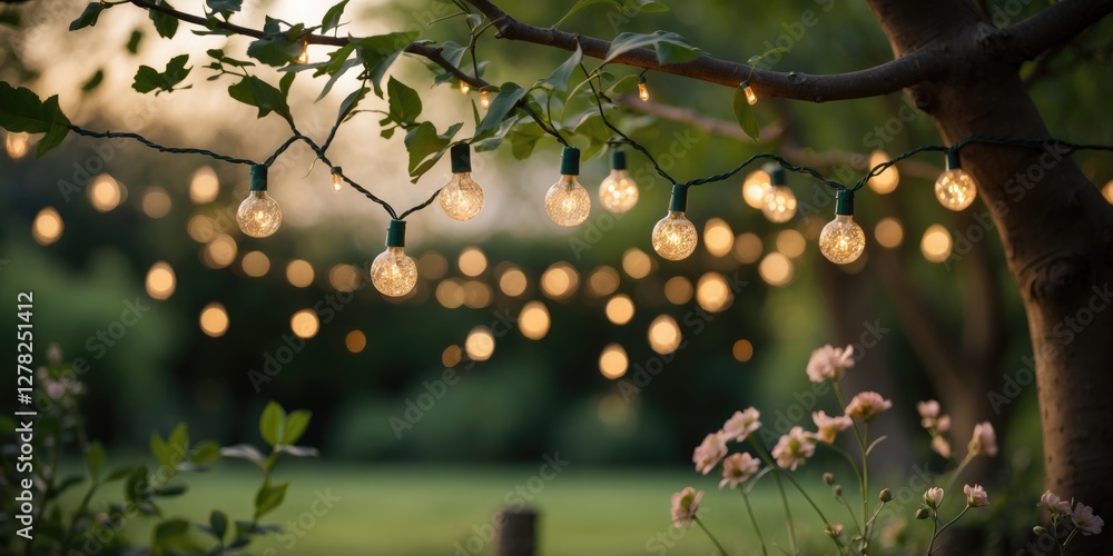 Poster bokeh outdoor string lights adorning tree in garden creating warm atmosphere with floral accents and