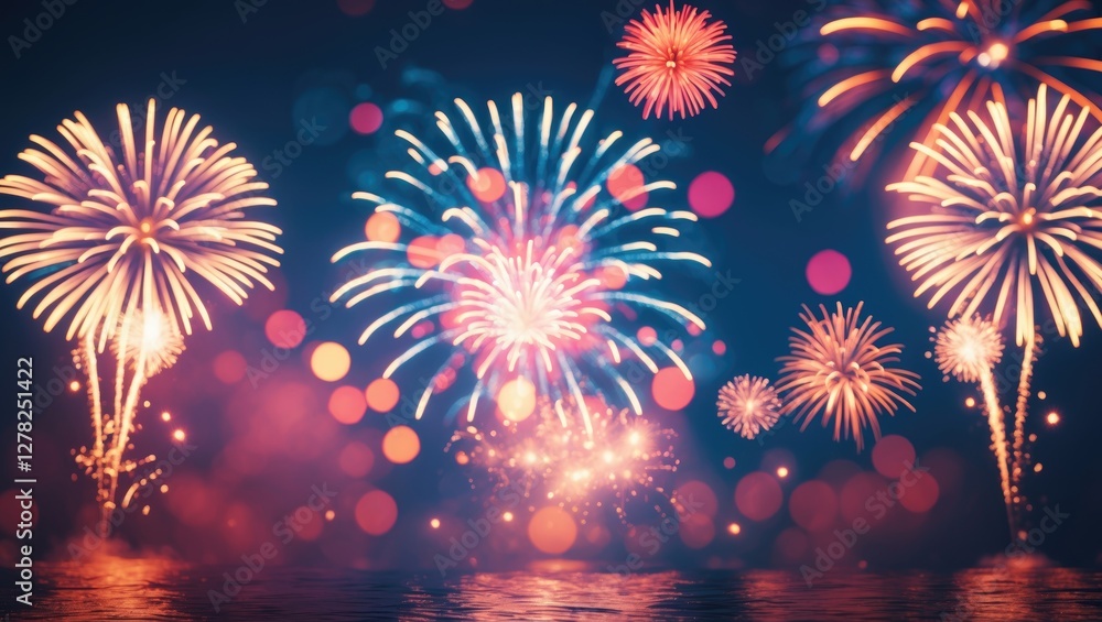 Poster colorful fireworks display with bokeh background and blank space for text overlay celebrating festiv