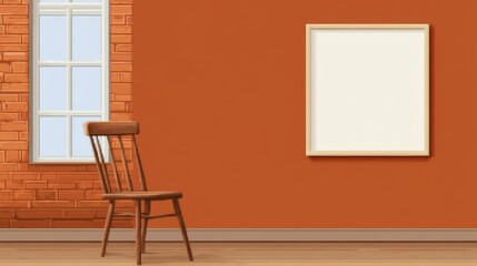 Cozy interior featuring a wooden chair against an orange wall with a blank frame and window