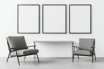 Modern minimalist room decor with chairs and frames