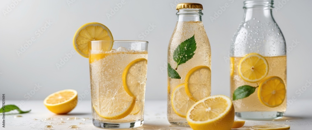 Aufkleber refreshing sparkling lemonade with bubbles served in glass and bottles garnished with lemon slices a