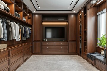 Luxurious Modern Walk In Closet With Built In Television