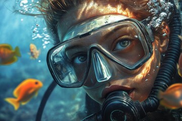 Female Scuba Diver exploring Underwater World with Coral Reef and Colorful Fish