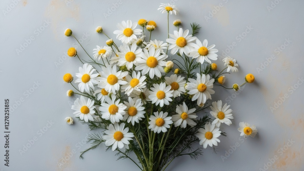 Poster fresh chamomile flower bouquet on soft background with space for custom text or design elements