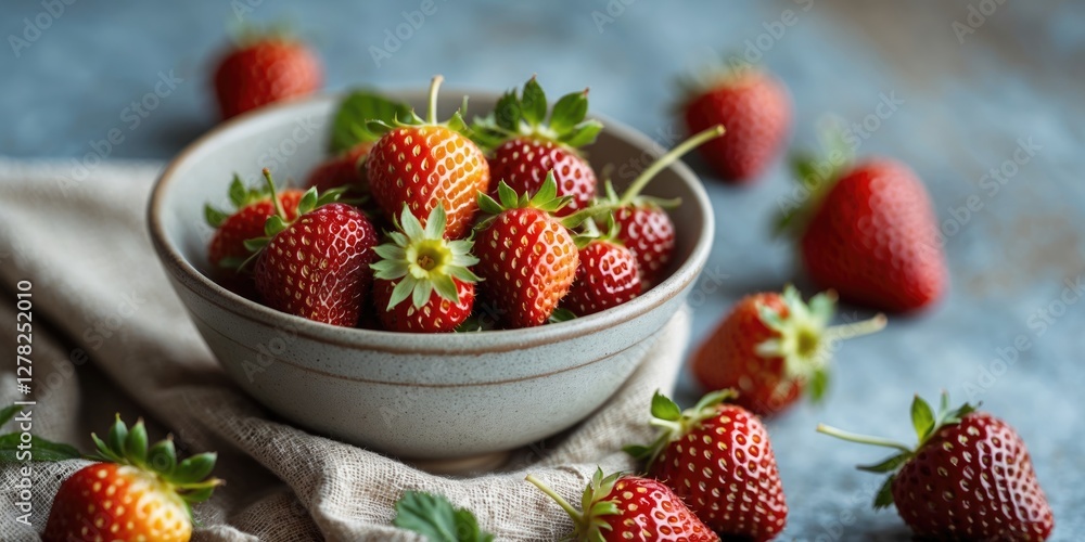 Poster fresh wild strawberries in bowl on textured cloth with blurred background and empty space for text i