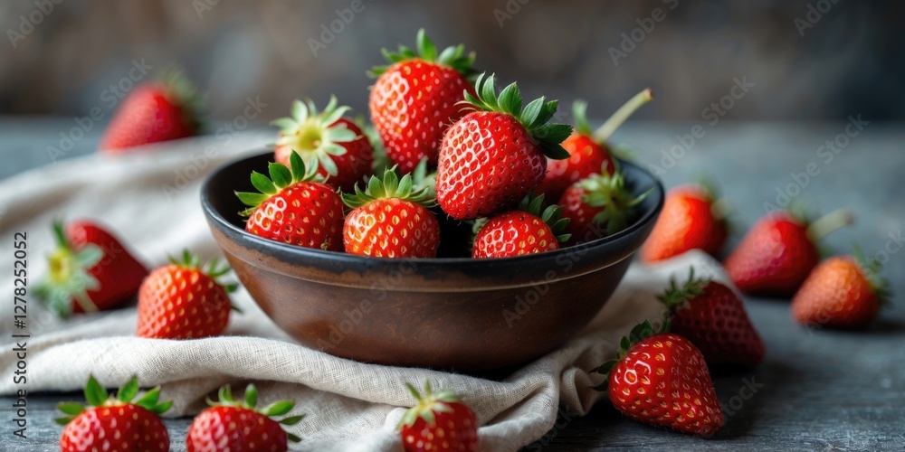 Poster freshly picked wild strawberries in a rustic bowl on fabric with blurred background and copy space f