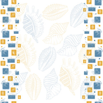 Sea pattern, bardur with shells, ribs, yellow and blue backgrounds.