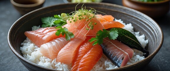 Delicious Bowl of Sushi with Assorted Raw Fish and Rice Garnished with Fresh Herbs and Vegetables