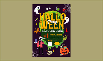 Halloween party Flyer. Halloween Party Set for Advertising, Web, Social Media, Posters, Banners, Covers, Club Invitations, Festivals, and Flyers. Template with Ghosts, Bats, and Pumpkins.