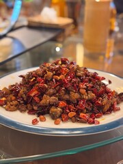 Slice chicken with red chili peppers, mala food in chongqing
