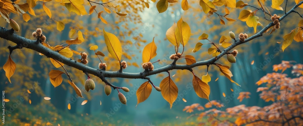 Poster autumn elm branch with vibrant leaves and seeds in a misty forest setting