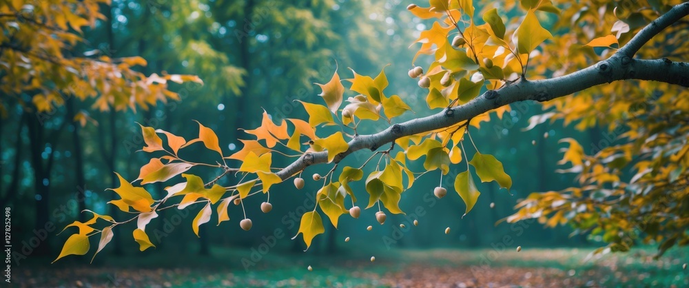 Poster elm tree branch with vibrant leaves and seeds in autumn light enveloped by lush greenery and soft mi
