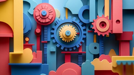 Obraz premium Paper cut of a conceptual physics experiment, with colorful pulleys, weights, and levers, highlighting mechanical elements and motion.