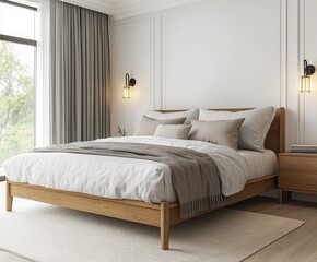 Modern Wooden Bed in a Serene Bedroom Setting