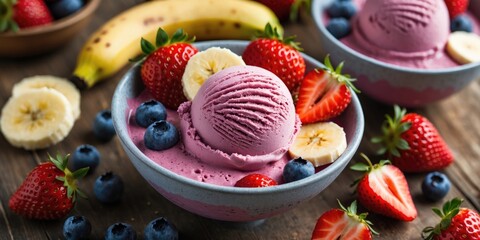 Delicious Brazilian Acai Berry Ice Cream Bowl with Fresh Strawberries Bananas and Blueberries on Wooden Table Summer Treat Top View