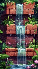 Waterfall cascading over stylized brick wall in a lush jungle environment.  Possible use Desktop wallpaper