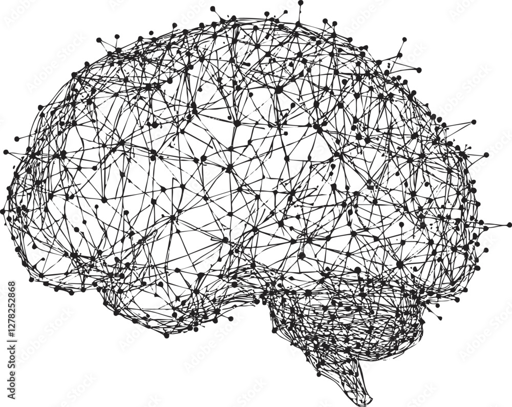 Poster abstract wireframe brain illustrating digital neural network concept.