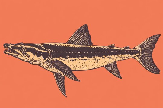 Stylized illustration of a garfish with sharp teeth showing