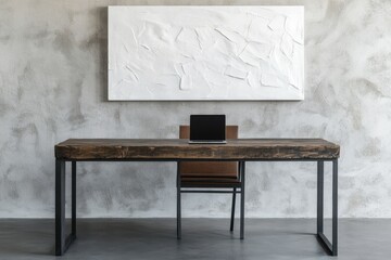 Modern Workspace Featuring Wooden Desk and White Abstract Art