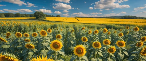 Obraz premium Stunning Sunflower Fields Under Vibrant Blue Skies Showcasing Summer's Natural Beauty and Rural Serenity in a Picturesque Landscape