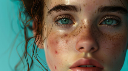 Fototapeta premium Captivating close-up of a young person showcasing unique freckles and striking teal eyes against a vibrant background