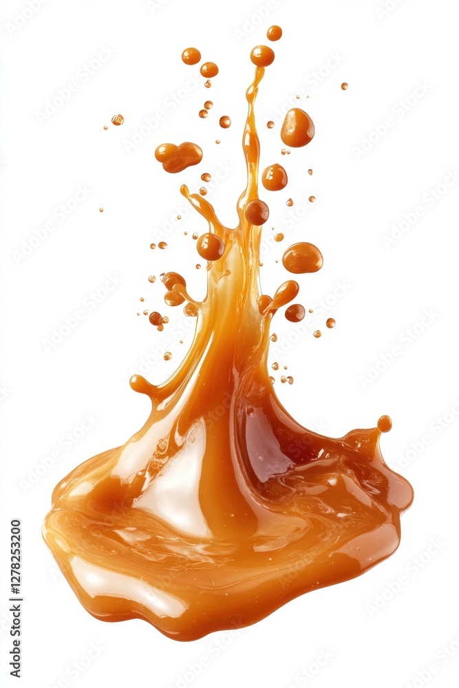 Poster captivating caramel splash with dynamic droplets against pristine white backdrop studio shot close u