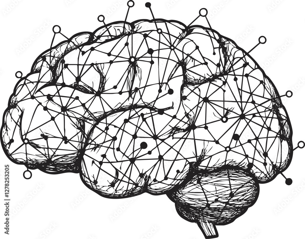 Aufkleber illustration of a brain with interconnected neural network lines.
